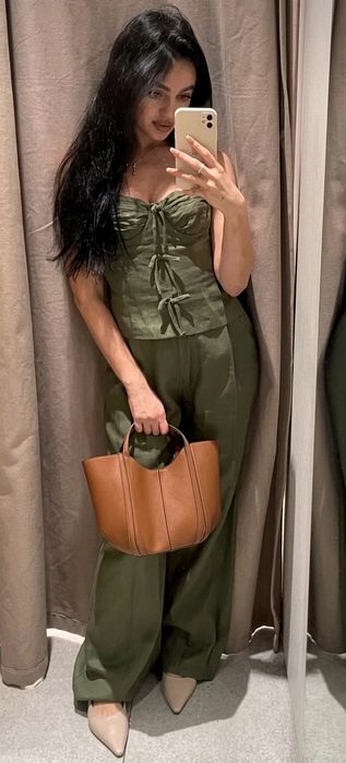 Zara kombinezon s 36 khaki len wiskoza
