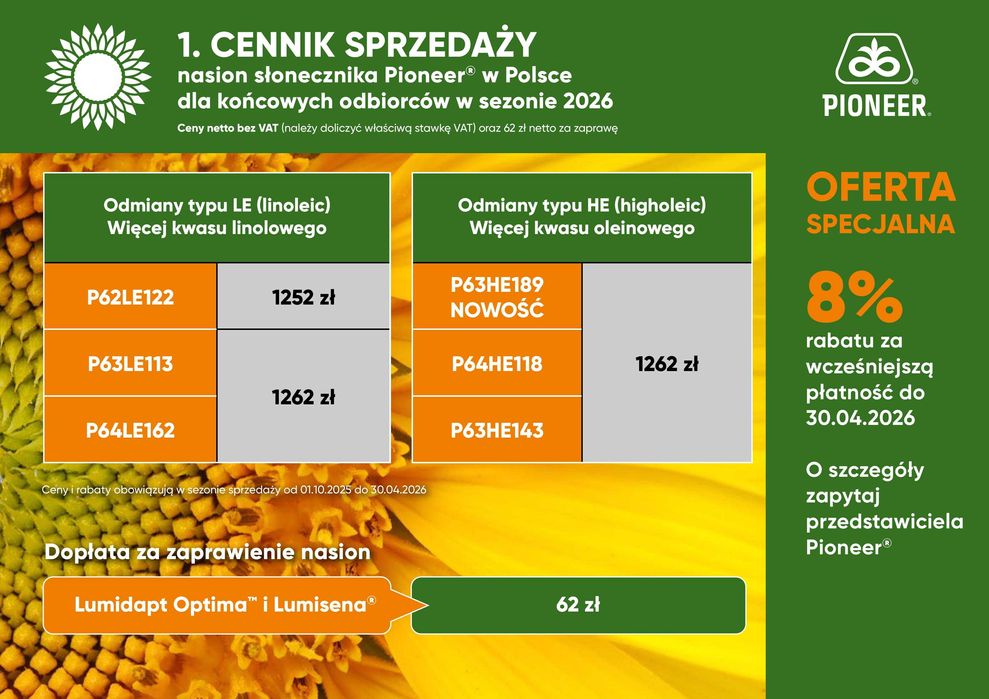 Słonecznik C1 Pioneer LE122 LE113 HE118 HE143 HE189 LE136 LE141 LE162