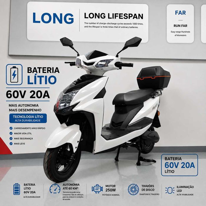 Mota Elétrica  Bateria Lítio Removível  Até 60 Kms Autonomia 60V 20A