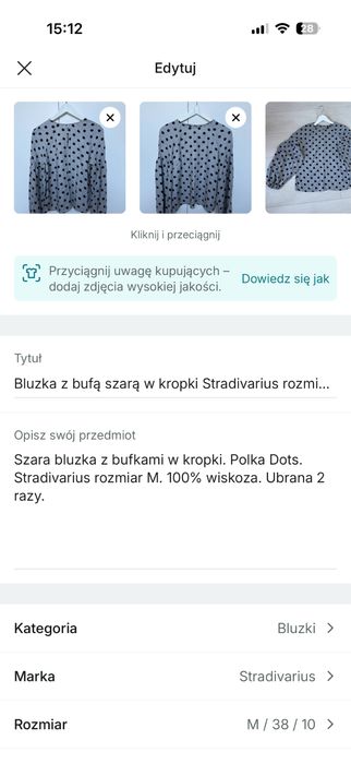 Szara bluzka  w kropki z bufkami Stradivarius rozmiar M