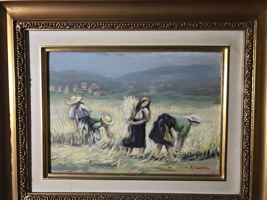 Ceifeiras pintura em tela de Alfredo Santos com moldura talha dourada