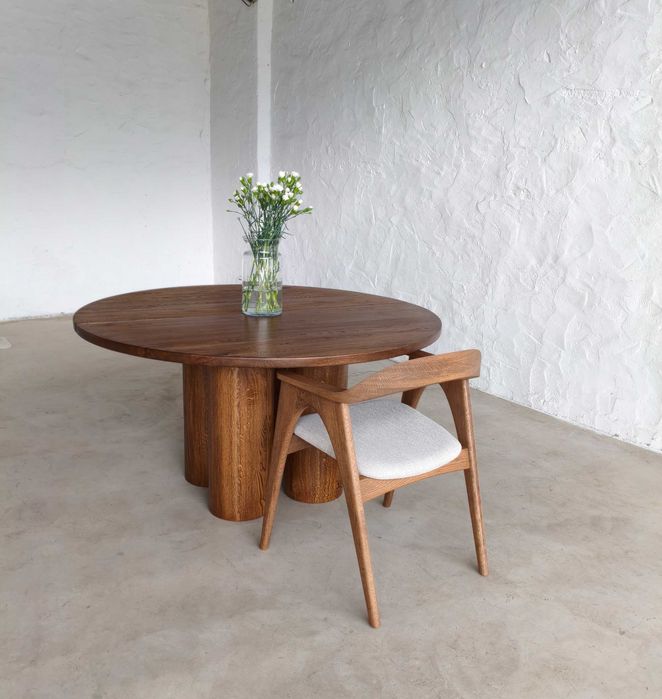 Stół toczone nogi dębowy japandi orzech egger masywny rozkładany okrągły 120 cm 130 cm 140 cm