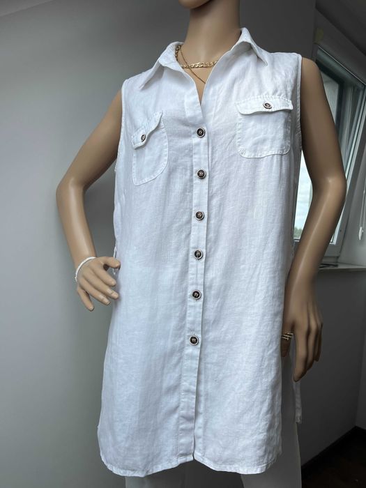 Lniana sukienka Letnia Midi Biała Rozmiar L Przewiewna Wakacyjna Elega