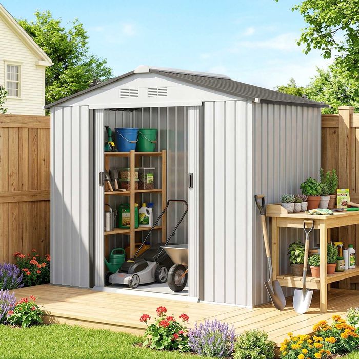 Abrigo de Jardim Metálico 213x130x185 cm Branco e Cinzento