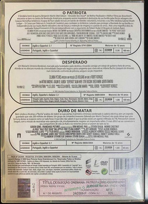 DVD "Patriota + Desperado + Duro de Matar", como novos