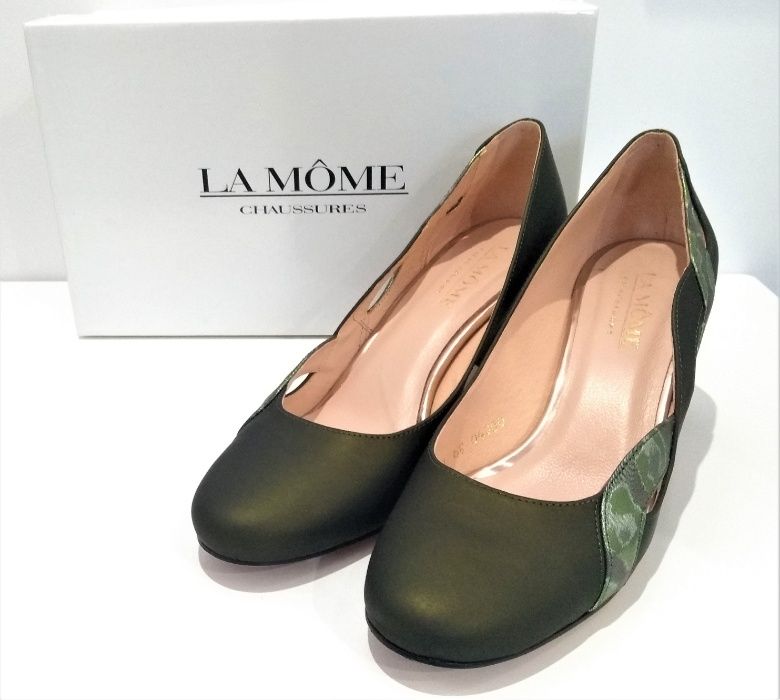 Buty La Mome na słupku , oliwkowa satyna r.39