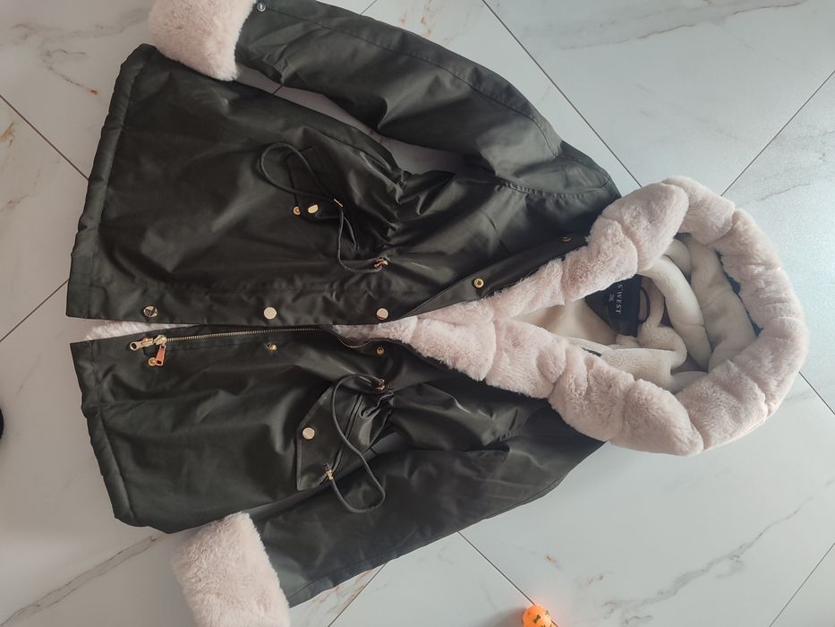 Piękna kurtka parka khaki ocieplana misiem L XL