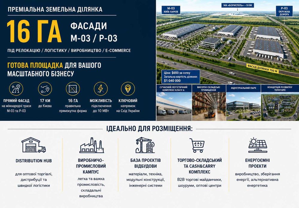 Земля під логістику, склад, промислова, виробництво, фасад траси, під бізнес Київ 17 км Київська область
