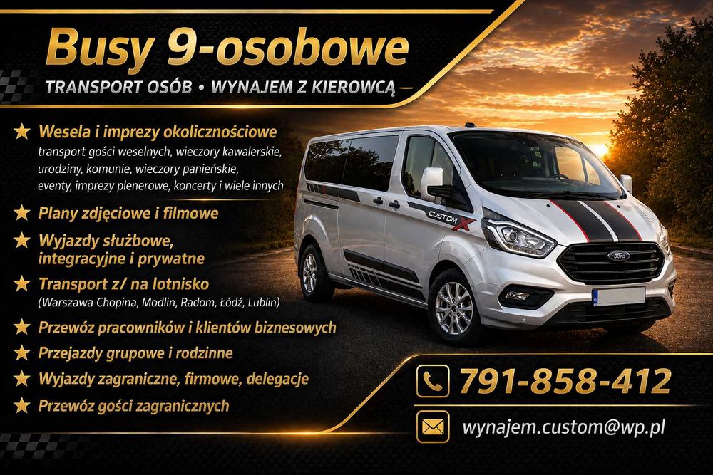 Transport osób Wynajem busa z kierowcą 9 osobowy Ford Transit Custom 2023