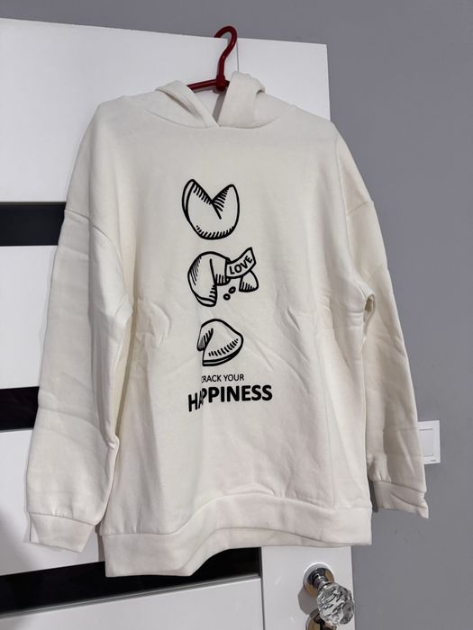 Nowa biała bluza z kapturem „Happiness” – rozmiar S