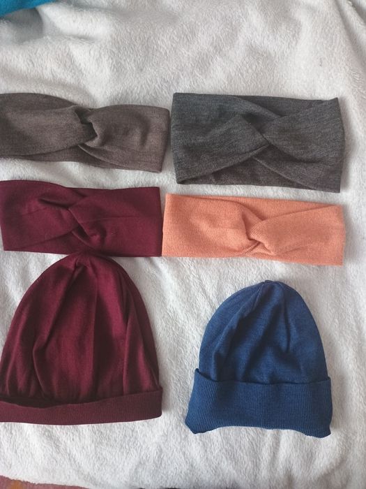4 opaski 2 czapki merino dla dzieci