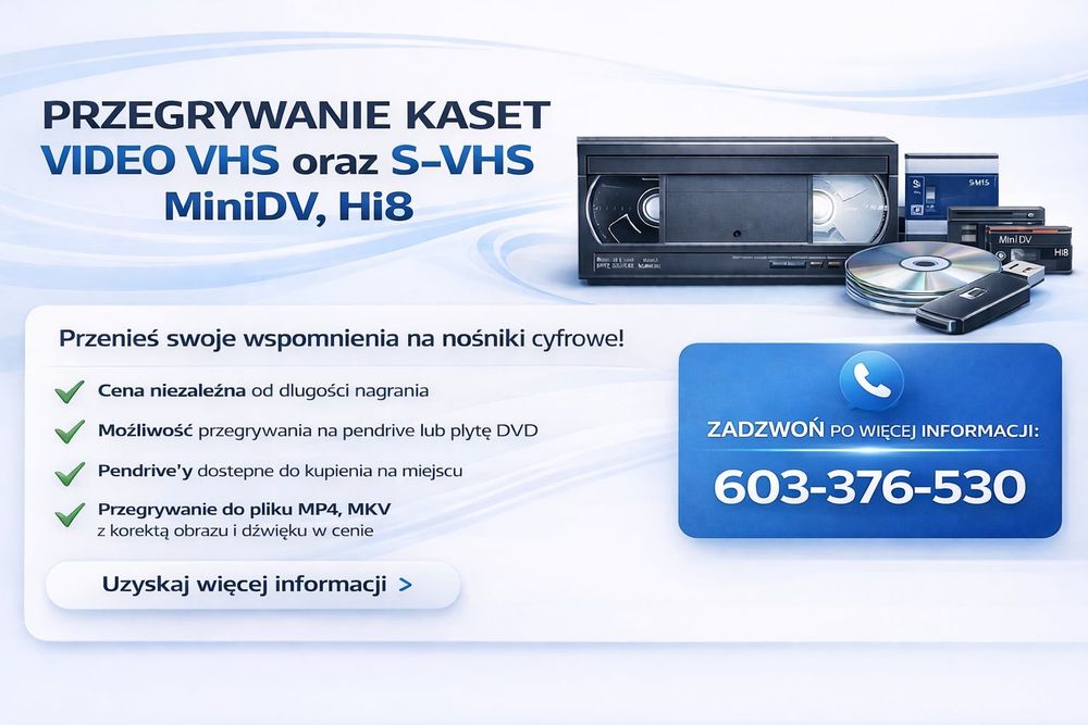 Przegrywanie kaset Video VHS, S-VHS, VHS-C, miniDV, Hi8, ITP..