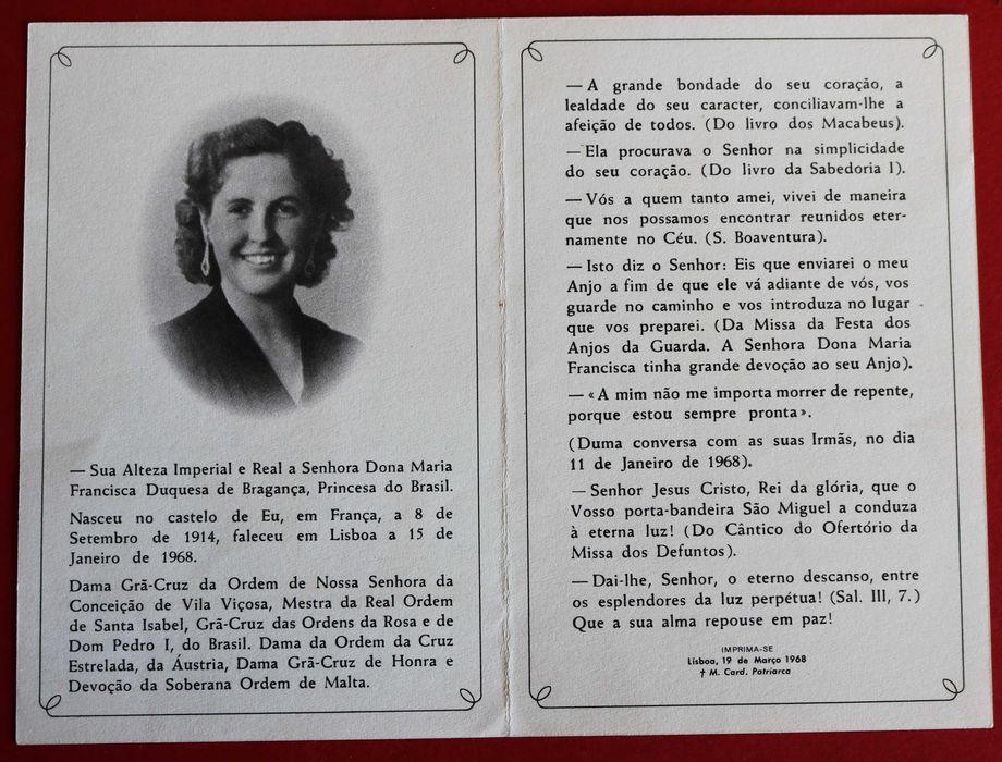 D. Maria Francisca Duquesa Bragança, pagela falecimento 1968 (Reserva ORP)