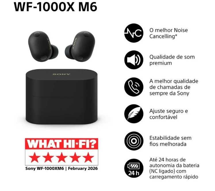 Auriculares Bluetooth True Wireless SONY WF-1000XM6  (In Ear - Microfone - Preto)  Novo - Caixa Selada