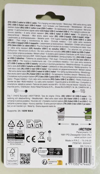 Cabo de dados e carregamento USB-C para USB-C.