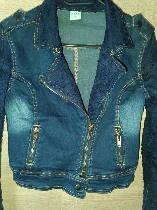 Nowa Piękna ramoneska katana jeans z koronkowymi dodatkami