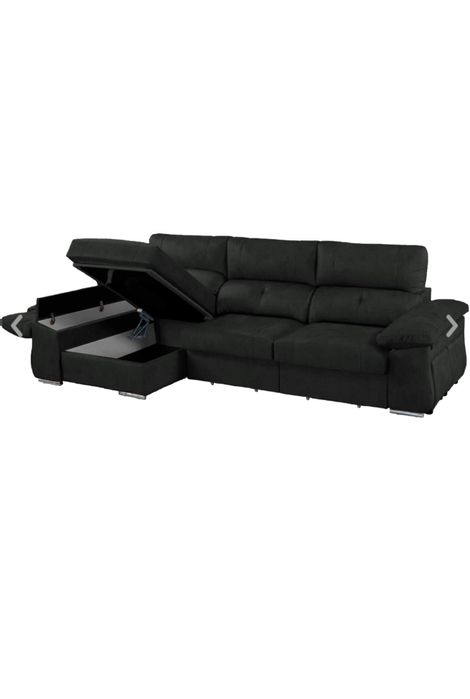 Sofá com Chaise Longue 2 puffs e Baú