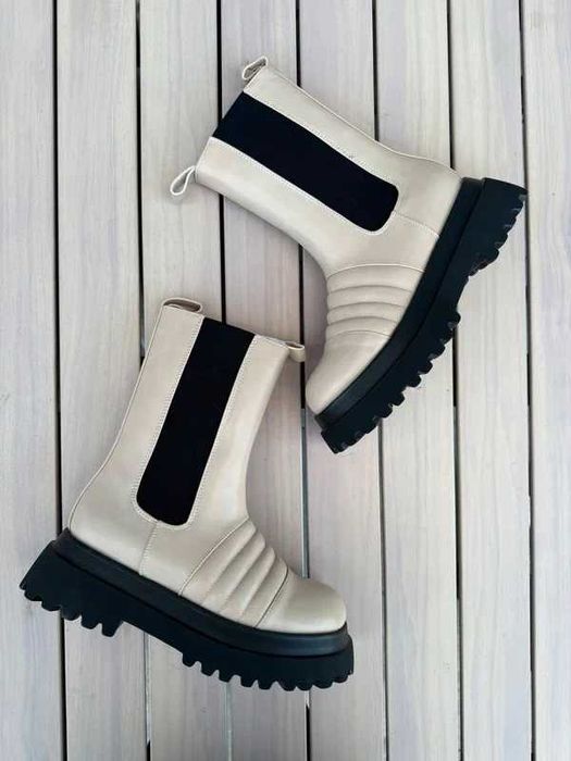 Beżowe Botki na Platformie z Wstawką, zapinane na zamek - 40