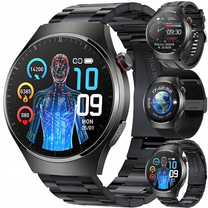 Smartwatch Zegarek Męski Ekg Pomiar Cukru Hrv Rozmowy 3 Paski Szkło Me