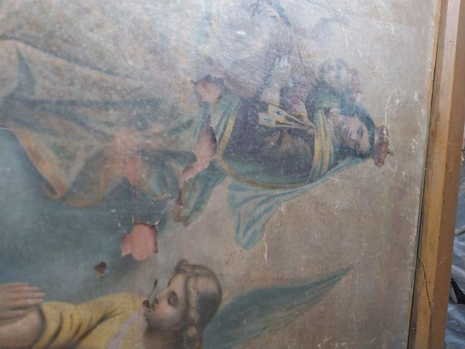Dewocjonalia zniszczony duży obraz przedwojenny czyściec piekło Maryja