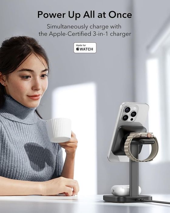 Бездротовий зарядний пристрій ESR Qi2 3-in-1 Wireless Charging Set,  для одночасного заряджання трьох пристроїв Apple