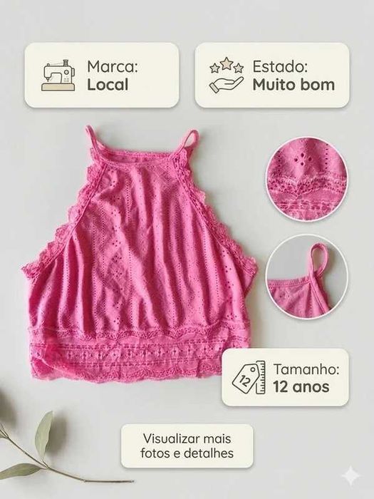 Top/Blusa Rosa com Renda – Decote Halter – Menina 10-12 anos (150cm)