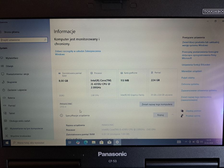 Panasonic CF-53 Toughbook i5 / 8GB / SSD 256GB / Win10 – pancerny!