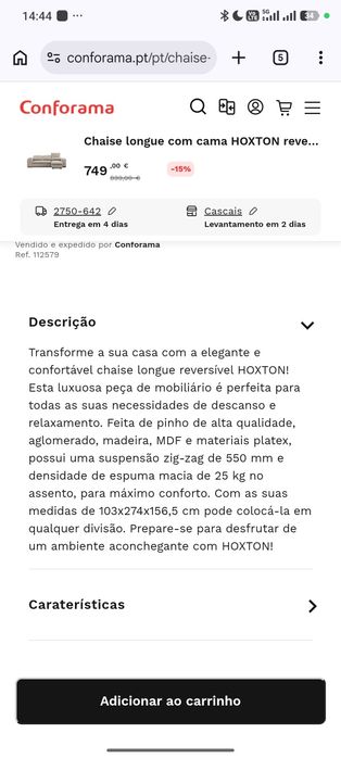 Sofá chaiselong e sofá cama com compartimento