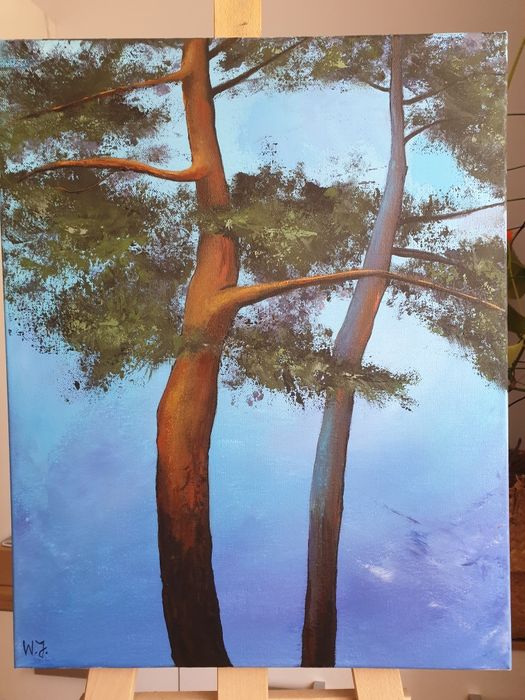 Dwa obrazy ręcznie malowane Sosny