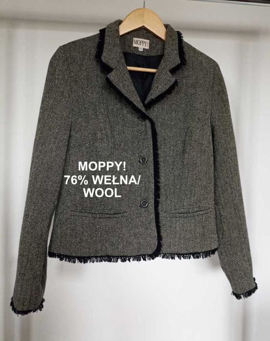 Szary wełniany żakiet w jodełkę moppy