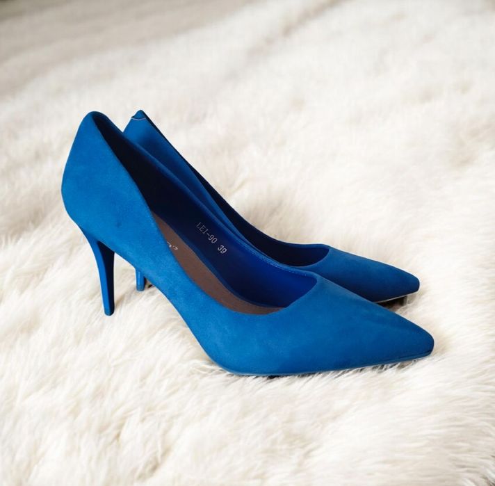 Buty na obcasie szpilki zamsz chabrowe 40 41