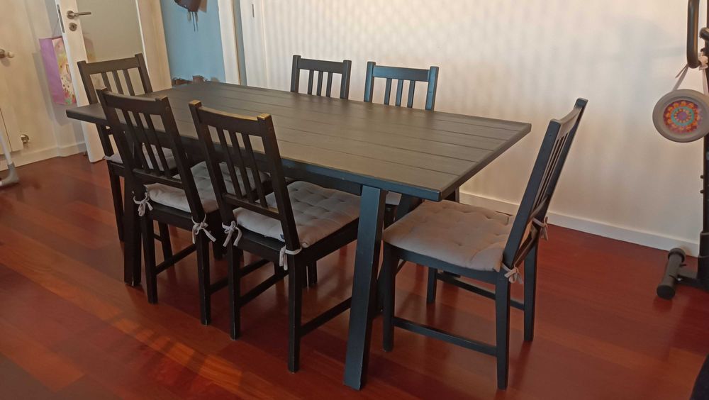 Mesa de jantar 1,70m + 6 cadeiras em madeira | Almofadas incluídas