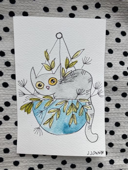 Kartka okolicznościowa obrazek ilustracja kot kitty kwiat kwiaty szary