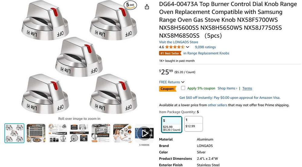 Ручки керування пальником, конфоркою, духовкою, газовою плитою Samsung