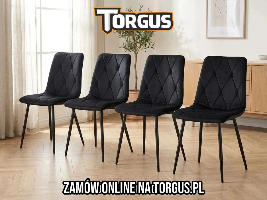 NOWE 4 szt Krzesła Tapicerowane Czarne Komplet Welurowe Pikowane Do Jadalni Kuchni Salonu Biura Metalowe Czarne Nogi Glamour Loft OKAZJA FAKTURA