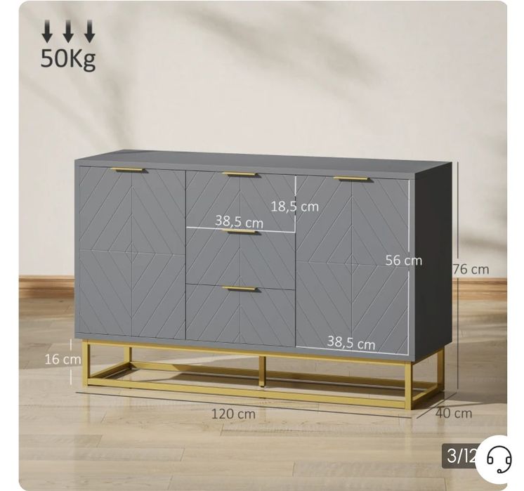 HOMCOM Aparador Auxiliar Armário de Armazenamento com 3 Gavetas e 2 Armários com Prateleira Ajustável 120x40x76 cm Cinza