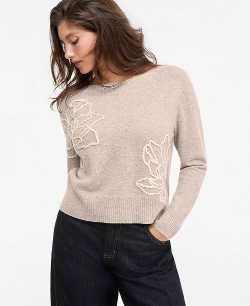 Nowy damski sweter ze 100% kaszmiru Charter Club z haftowanym motywem kwiatowym rozmiar S
