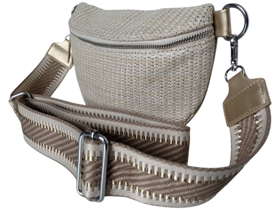 Beżowa Saszetka Damska z Wikliny na Ramię - Torebka Miejska 2 Paski
