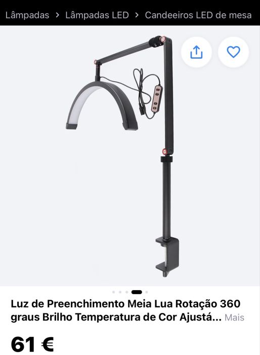 Candeeiro meia lua, luz quente e fria com intensidades ajustável