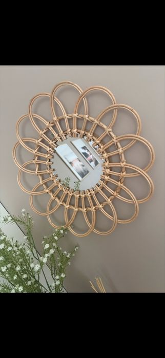 Piekne okragle lustro - kwiat, rattan, boho 46cm