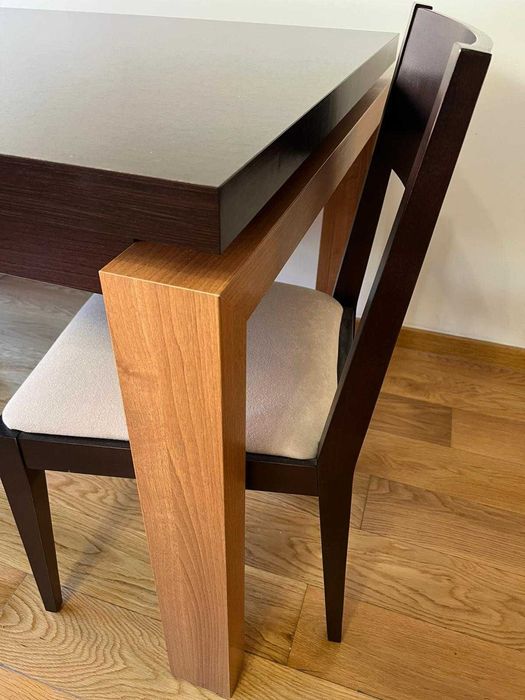 Mesa de jantar extensível 140-200cm + 6 cadeiras – madeira wengué/carvalho – Parque das Nações