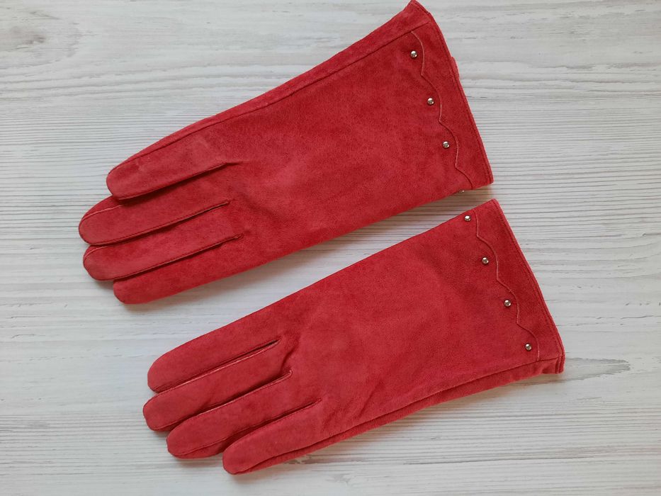 Замшевые темно-розовые женские перчатки на флисе утепленные S M