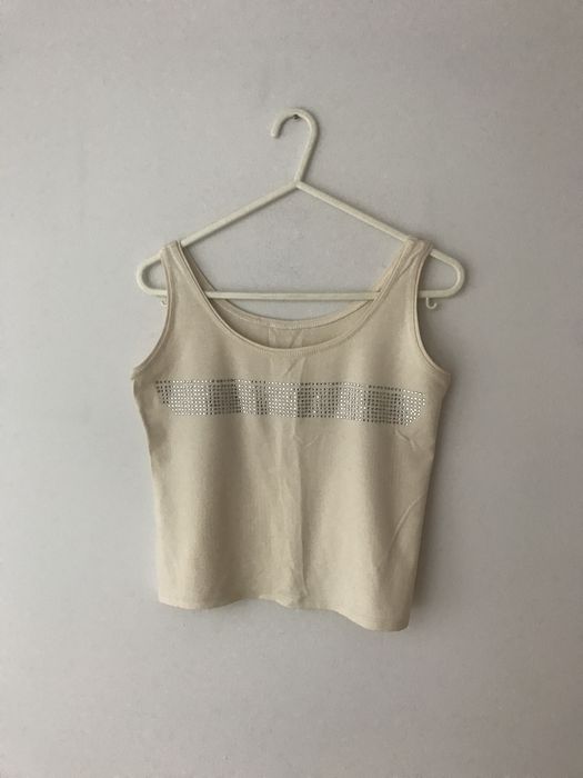 Kremowy krótki crop top bez rękawów z kryształkami vintage