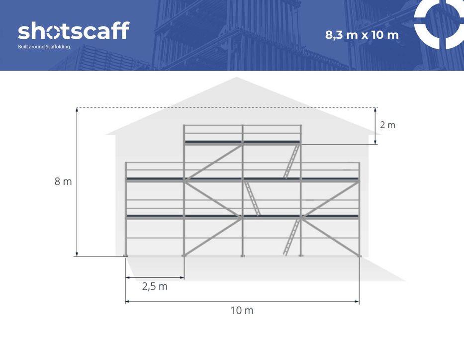 Nowe lekkie rusztowanie na ścianę szczytową aluminium Plettac 8,3 m wysokości x 10 m długości - podest 2,5 m
