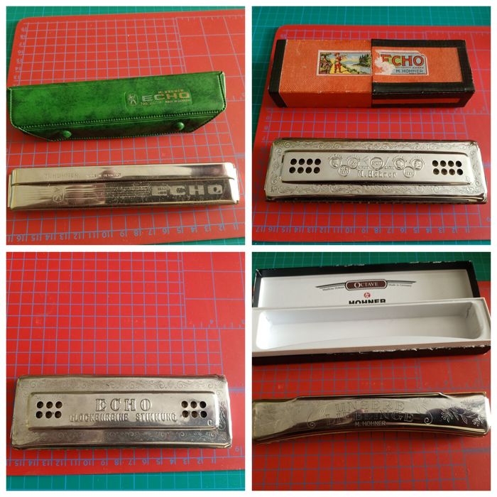 4 harmonijki ustne . Dwie Honer Echo Harp diatoniczne 96 i 80, Honer Echo Tremolo 40 i NOWA Harmonijka ustna Hohner Unsere Lieblinge 48 C