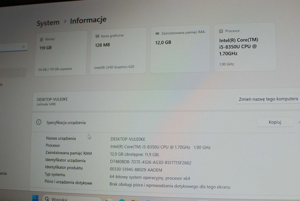 Laptop Dell Latitude 5490  i5 8 generacji 14" LED 12GB DDR4 SSD M2