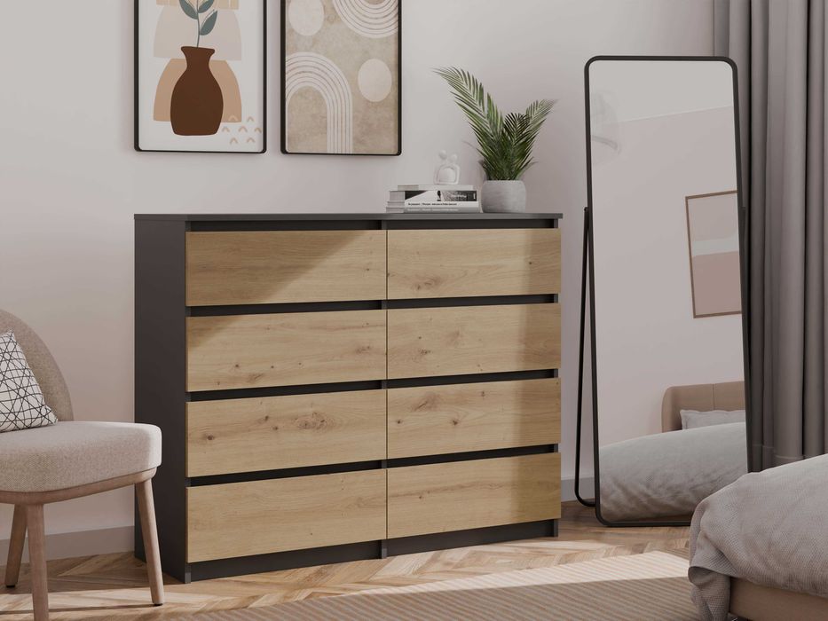 Nowa Duża Komoda 8 Szuflad 120cm Antracyt Dąb Artisan Elegancka Sypialnia Salon Loft Garderoba Szafka Złożona