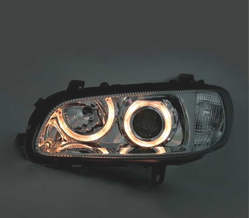 FARÓIS FRONTAIS COM ANGEL EYES PARA OPEL OMEGA B 94-99 FUNDO CROMADO H1
