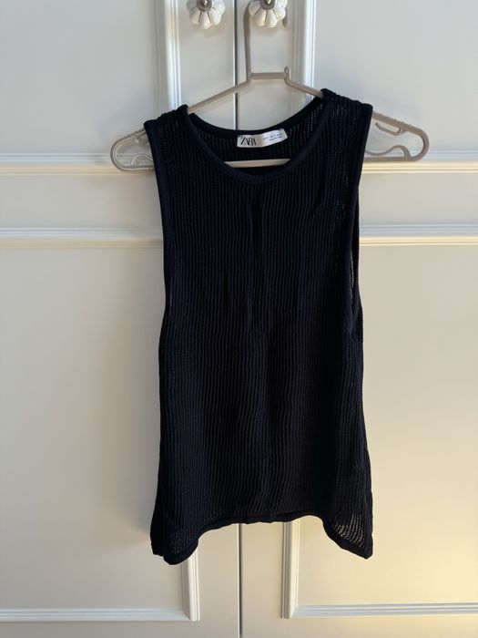 granatowy top dzianinowy zara bluzka azurowa z siateczki na lato