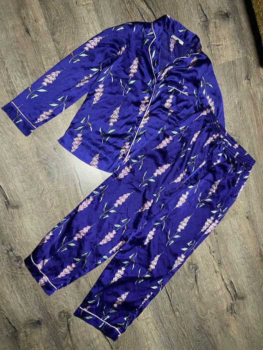 Атласна синя піжама М комплект сорочка-штани для дому